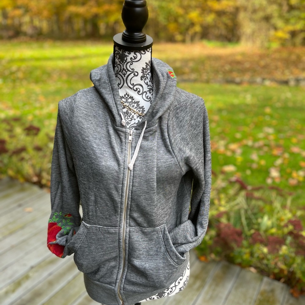 WILDFOX Gray Hooded Jacket with Red Floral